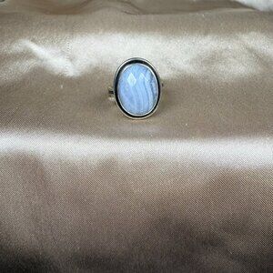 Blue Lace Agate Handmade Silver Ring Oval Faceted Gemstone Jewelry Size 8.5